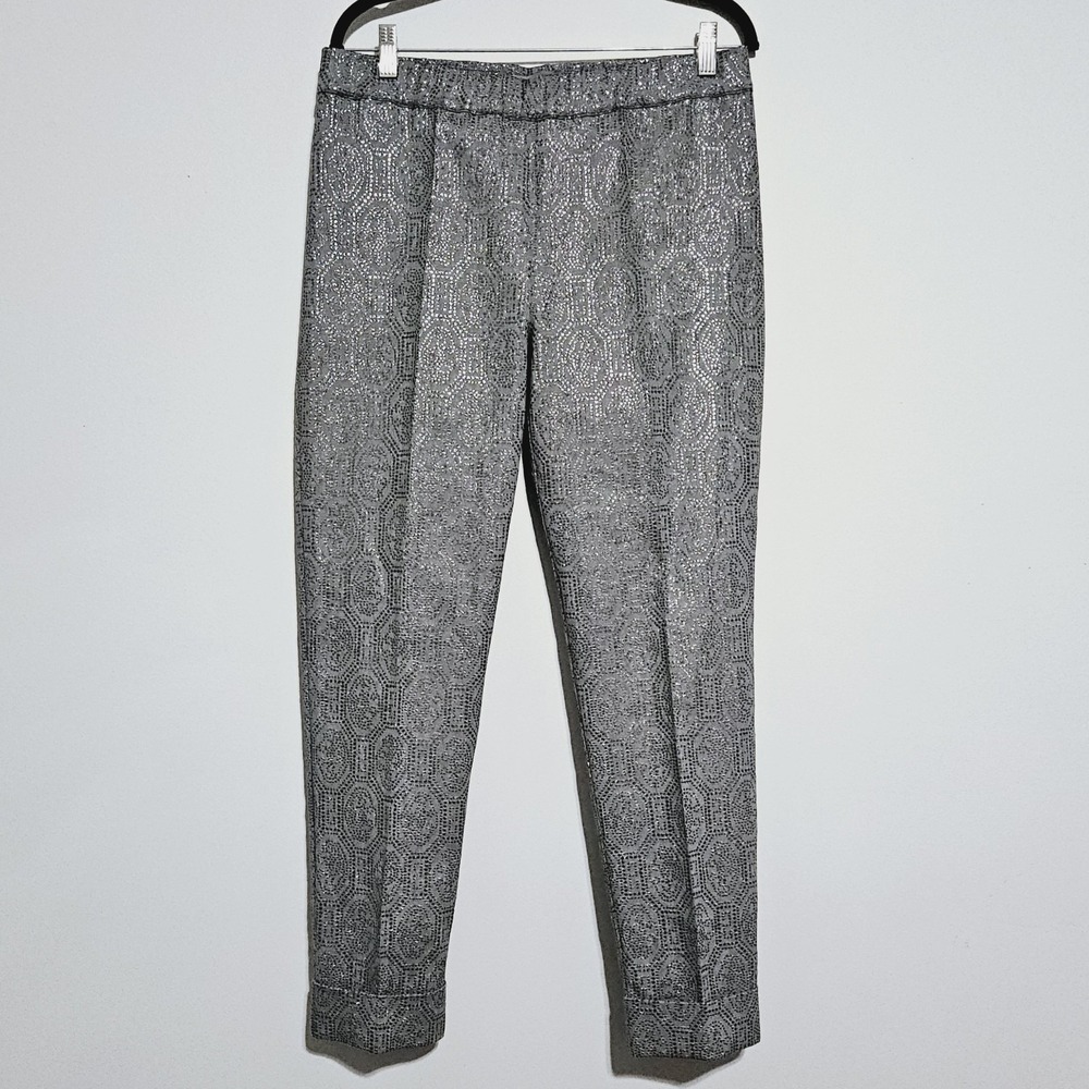 D. Exterior Cuffed Pants Sz 48‎ US 12 Pull On Brocade Metallic Jacquard Silver